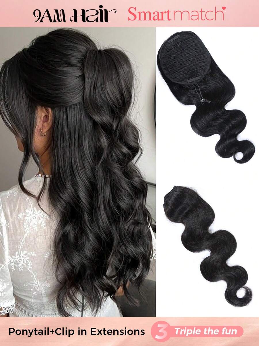 SMART&MATCH Body Wave Drawstring Ponytail Extension And Body Wave Seamless Clip Ins Hair Extensions 1 Pc Double Weft Natural Black Half Up Half Down Ponytail Extension For Daily Use - Natural Black - View 1