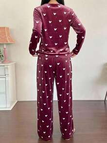DAZY Autumn Winter Heart Pattern Print Velvet Long Sleeve Cardigan 2pcs Women's Pajama Set - Dusty Pink - View 2