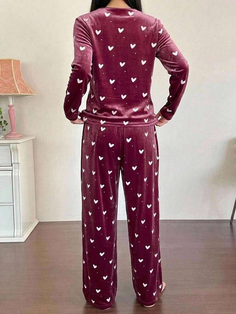 DAZY Autumn Winter Heart Pattern Print Velvet Long Sleeve Cardigan 2pcs Women's Pajama Set - Dusty Pink - View 2