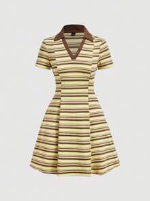 SHEIN MOD 女款條紋拼接休閒約會派對迷你洋裝 - 彩色 - 查看 5