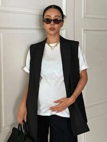 Dazy Maternity Solid Color Reversible Collar Sleeveless Vest Daily Wear Black Maternity Regular Outerwear Summer - Black - View 8