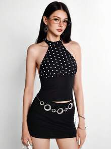 Rina Fox Women's Summer Fashion Sexy Polka Dot Print Patchwork Backless Halter Top & Mini Skirt 2-Piece Set - Multicolor - View 7