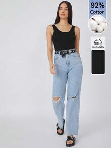 SHEIN BASICS 女款純色修身百搭休閒上衣 - 黑色 - 查看 6
