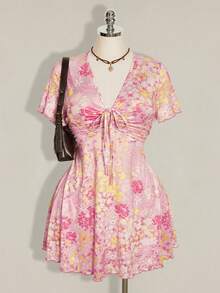 SHEIN ICON 大尺碼女款前綁帶短袖休閒碎花洋裝 - 粉色 - 查看 1