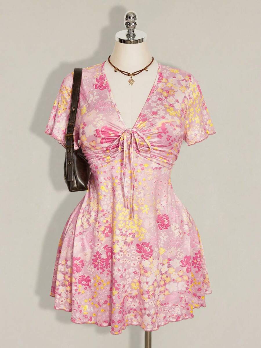 SHEIN ICON 大尺碼女款前綁帶短袖休閒碎花洋裝 - 粉色 - 查看 1