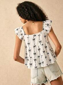 Muvela Women's Bowknot Print Ruffle Hem Cap Sleeve Blouse - Multicolor - View 3