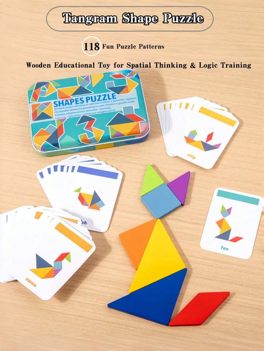 MINKOJA Portable Iron Box Wooden Tangram Puzzle, 59 Double-Sided Cards 118 Patterns, Montessori Educational Toy For Kids 3+, Travel Brain Game Develops Spatial Thinking & Hands-On Ability, Perfect Gift For Boys Girls