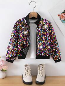 SHEIN Young Girl Asymmetrical Pattern Sequin Accent Party Music Festival Classic Zip-Up Flight Jacket For Young Girl - Multicolor - View 6