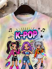 青少年女孩卡通女孩 K-Pop 卡通女團印花圖案 彩色漸層 短袖 T 恤與短褲 2 件套 假期 Y2K 風格 - 彩色 - 查看 5