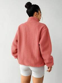 Exploreva 女款時尚前拉鍊長袖口袋戶外抓絨外套 - 紅白色 - 查看 2