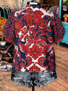 Linhara Plus Size Women's Vacation Puff Sleeve V-Neck Casual Boho Holiday Print Blouse, Spring Summer Vintage Top, Navy Blue - Multicolor - View 2