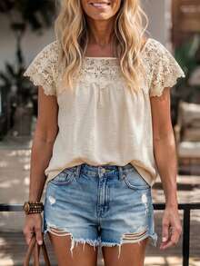 SHEIN LUNE Ady's Summer Apricot Crochet Lace Butterfly Sleeve Round-Neck Loose-Fitting Top, Bohemian Boho Elegant Style Vacation Wear Subtle Textured Tunic Shirt - Apricot - View 1
