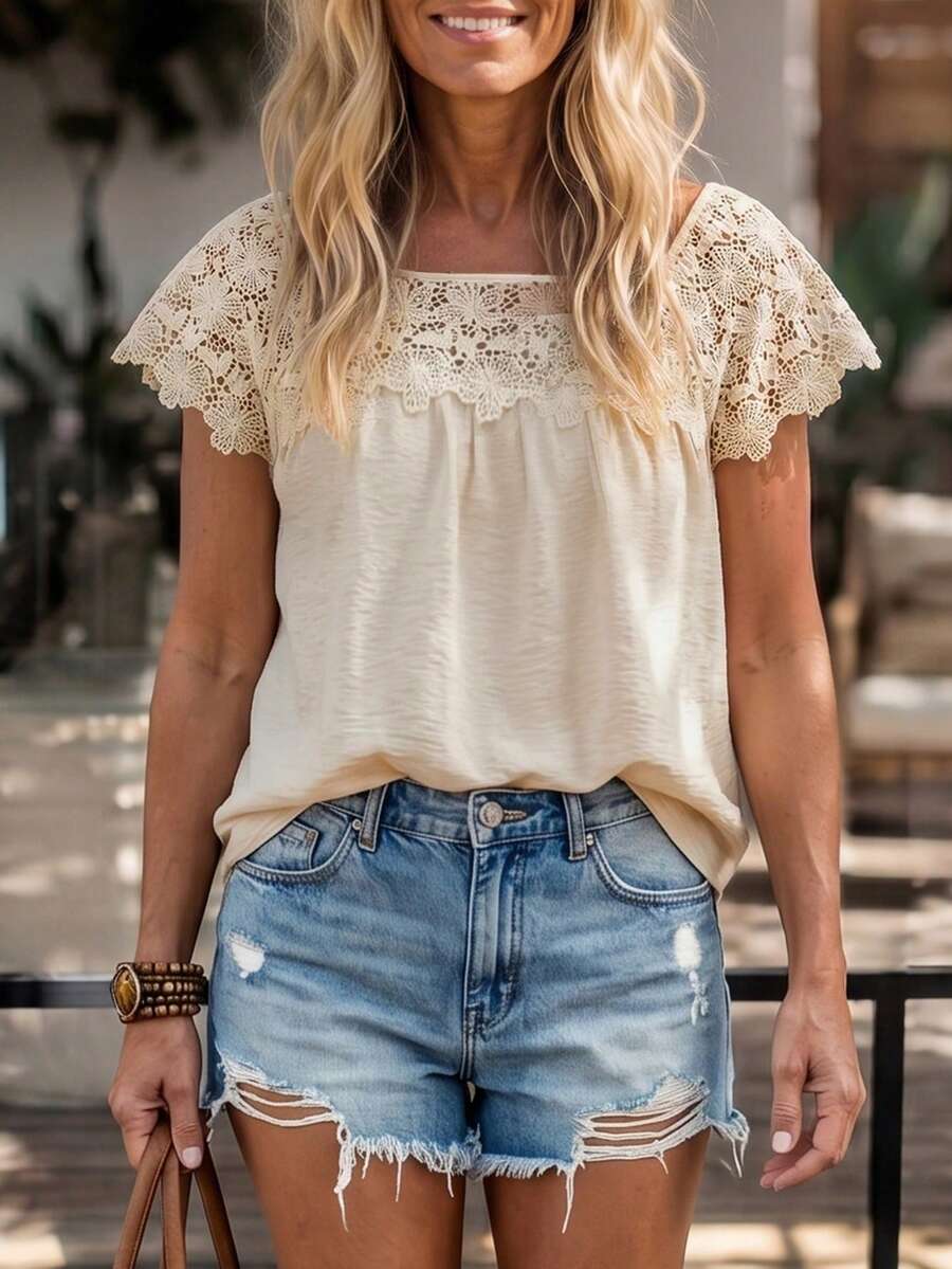 SHEIN LUNE Ady's Summer Apricot Crochet Lace Butterfly Sleeve Round-Neck Loose-Fitting Top, Bohemian Boho Elegant Style Vacation Wear Subtle Textured Tunic Shirt - Apricot - View 1
