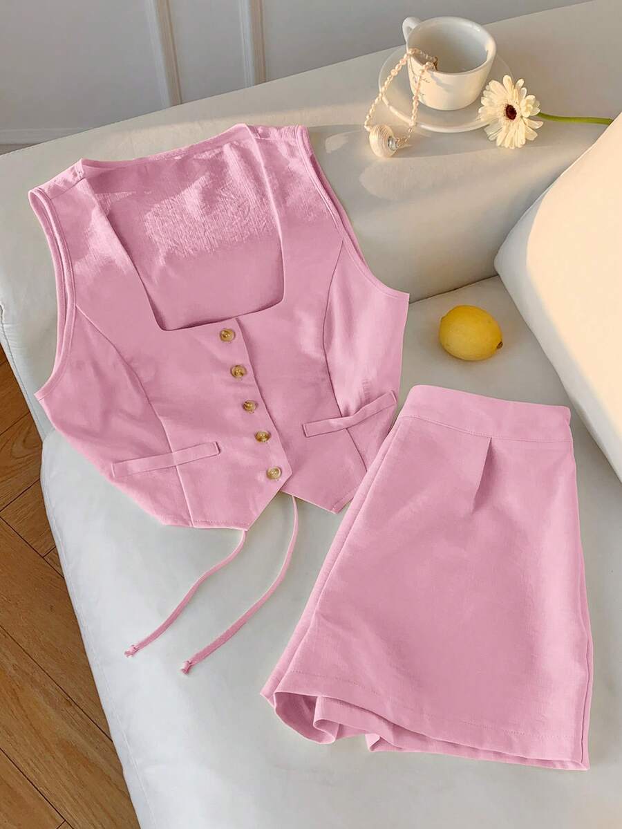 Comfortcana Women's Light Pink Open Front Vest And Shorts 2 Pieces Set Brunch Summer Elegant - Baby Pink - View 1
