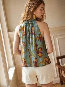 SHEIN Women's French Vintage Floral Print Halter Neck Tank Top - Blue - View 6