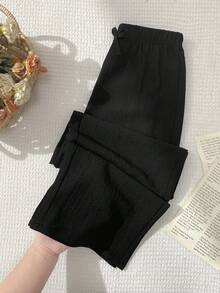 Pantaloni palazzo galbeni, țesuti, lejeri, casual, pentru fete, de primăvară/vară, potriviți pentru vacanță, plajă, acasă - Negru - Vizualizare 1