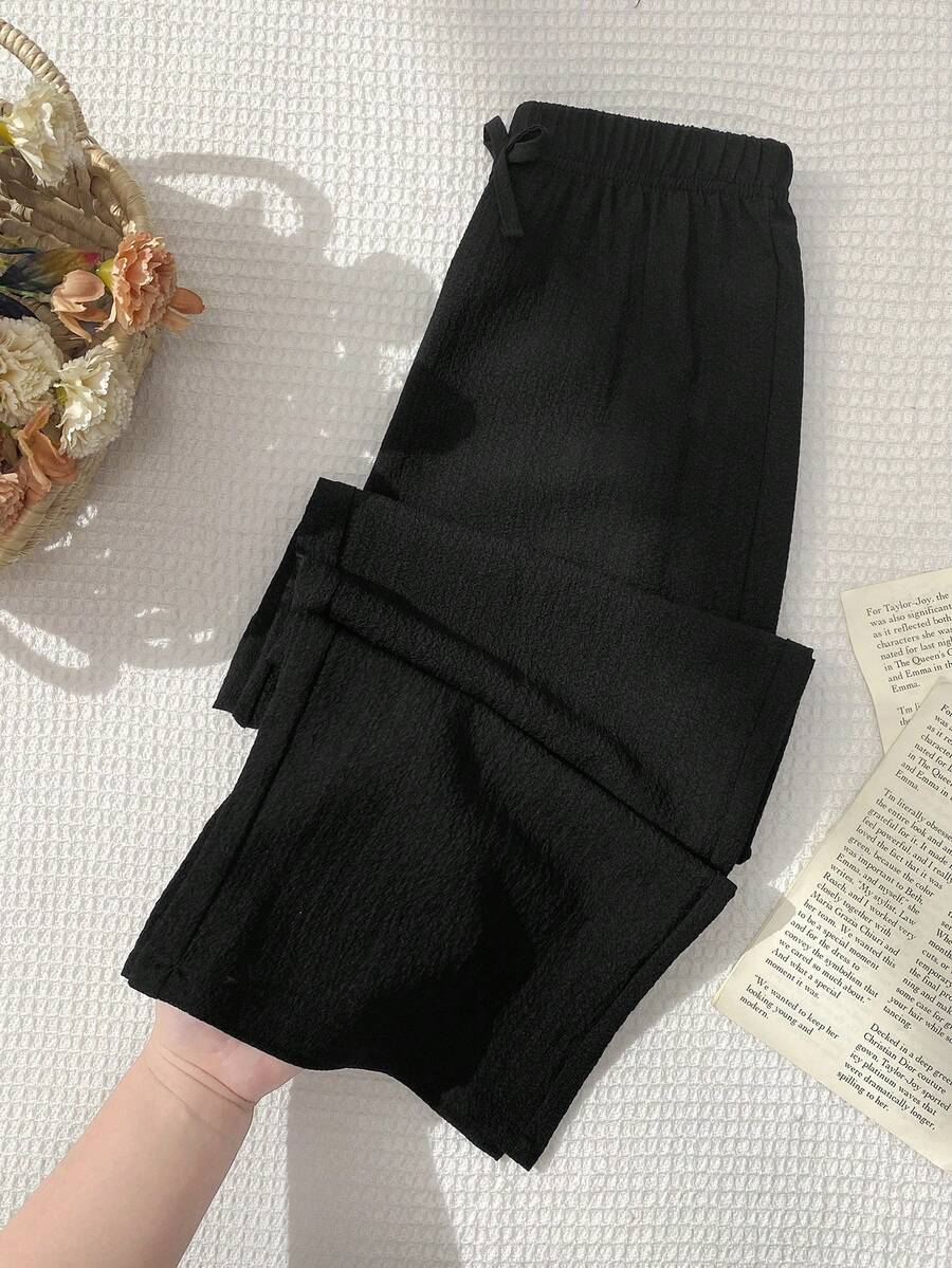Pantaloni palazzo galbeni, țesuti, lejeri, casual, pentru fete, de primăvară/vară, potriviți pentru vacanță, plajă, acasă - Negru - Vizualizare 1