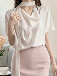 DAZY Women's Summer Elegant French Solid Color Cowl Neck Blouse Teachers' Day Brunch Office Tea Party Off-White - White - View 1