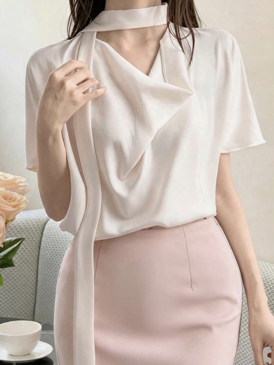 DAZY Women's Summer Elegant French Solid Color Cowl Neck Blouse Teachers' Day Brunch Office Tea Party Off-White - White - View 1