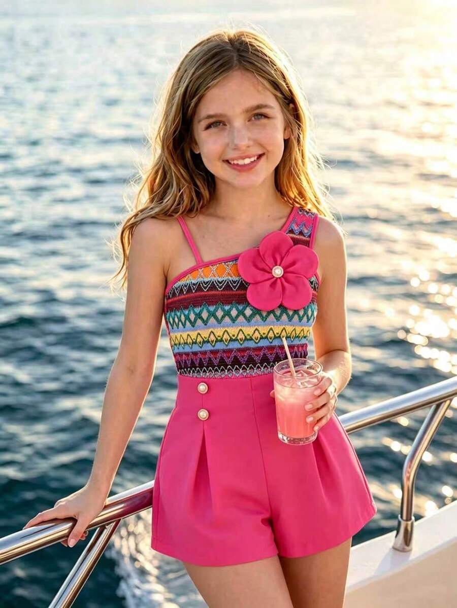 SHEIN 青少年女孩開學季春夏甜美可愛日常無袖黃藍色系蝴蝶結吊帶背心套裝 - 玫紅色 - 查看 1