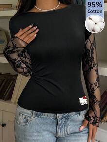 CovetEZ HELLO KITTY AND FRIENDS | SHEIN 休閒性感可愛風聯名款 95% 棉夏季休閒黑色針織蕾絲拼接 2 合 1 女款長袖上衣，適合春季、夏季、初秋 - 彩色 - 查看 5