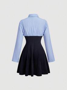 SHEIN MOD 2-In-1 Striped Long Sleeve Shirt Dress, Navy Blue - Blue - View 4