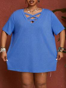 SHEIN CURVE+ Sommer Damen Große Größen Einfarbiges Fuchsia Kreuz V-Ausschnitt Kurzarm T-Shirt - Blau - Übersicht 6