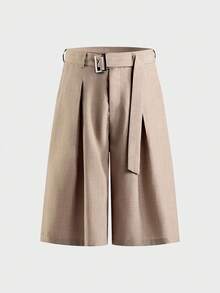 AXEPEAK Pantalones cortos holgados con diseño de hebilla en la cintura y pliegues de unicolor para hombres - Caqui - Ver 2