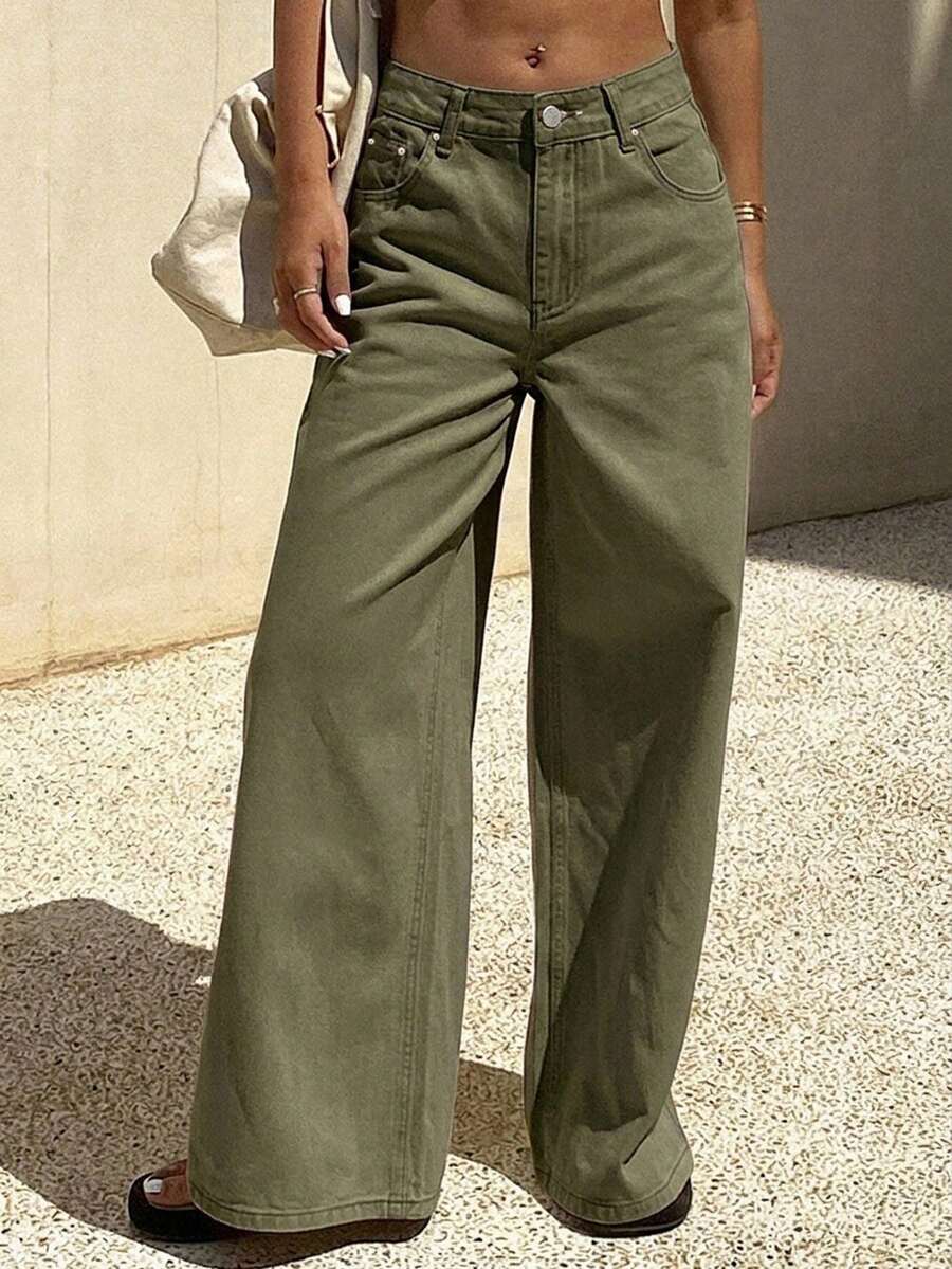 DAZY 女款高腰寬鬆軍綠色純色直筒寬腿休閒百搭長牛仔褲 - 軍綠色 - 查看 1