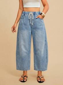 Travachic Women's High-Waisted Loose-Fitting Drawstring Belt Pocket Casual Streetwear Tapered Jeans Cropped Length Light Blue Summer Back-To-School Y2K Travel - Medium Wash - View 3