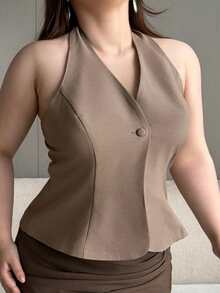 Dazy Plus Solid Color Halter Neck Backless Elegant Formal Summer Top Plus Size Women Spring/Summer Tank Top Going Out Tops - Khaki - View 6