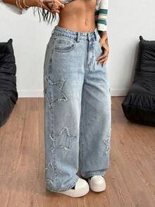 Coolane Women's Rapper Athleisure Grunge Star Pattern Washed Jeans - Light Wash - View 6