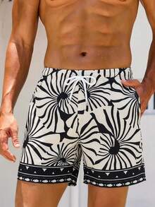 Manfinity Swimmode Pantalones cortos de playa de moda con patrón geométrico y cordón para hombre, adecuados para vacaciones y uso diario - Blanco y Negro - Ver 4