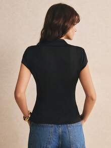 Poéselle Atasan Wanita Musim Panas Elegan Warna Polos dengan Kancing Katak yang Mengencangkan Pinggang, Atasan Hitam, Atasan Gaya Cina Baru dengan Penutup Kancing Katak, - Hitam - View 2