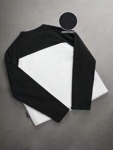STYNVO Men's Letter Embroidery Contrast Color Long Sleeve Crew Neck Versatile T-Shirt - Black and White - View 2