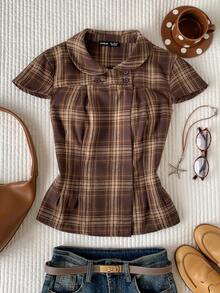 Comfortcana Women's Plaid Peter Collar Cap Sleeve Casual Vintage 70s 90s French Preppy Blouse Back-To-School Brown Checkered Summer Graduation School Teacher Tops - Coffee Brown - View 4