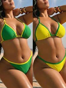 Swim SXY 2026 New Summer Beach Vacation Women's Swimwear Set: Backless Camisole Top And Thong Bikini Bottoms, Multi-Piece Beach Vacation Swimwear, New Summer Style Plus Size Swimwear Set - Multicolor - View 1