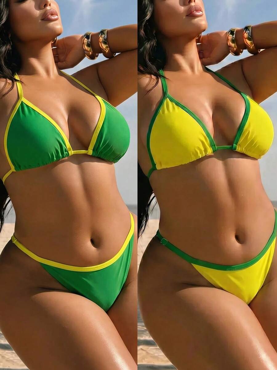 Swim SXY 2026 New Summer Beach Vacation Women's Swimwear Set: Backless Camisole Top And Thong Bikini Bottoms, Multi-Piece Beach Vacation Swimwear, New Summer Style Plus Size Swimwear Set - Multicolor - View 1