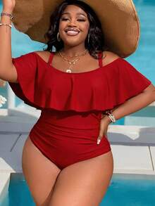 Slaydiva Plus Size Women's Ruched One-Piece Swimsuit, Suitable For Beach Vacation, Pool Party, Beach Party - Red - View 3