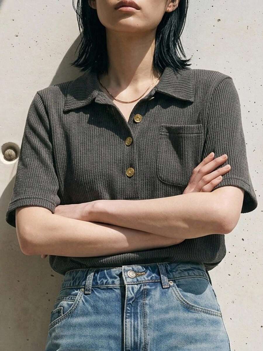 FRIFUL Women's Fitted Polo Collar Metal Button Decor Short Sleeve T-Shirt, Summer Ribbed Shirt Collared Shirt Knit Top Summer Top Preppy Top - Grey - View 1
