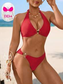 Swim DD+ 女款夏季海灘純色掛脖綁帶性感時尚比基尼兩件式泳衣套裝 - 紅色 - 查看 5