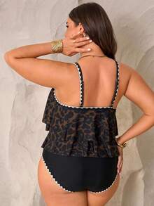 Slaydiva Plus Size Women 2pcs Set Black Spaghetti Strap Double Layer Ruffle Hem Top With Ruched Ruffle High Waist Pants, Summer Beach Vacation Sexy Tropical - Multicolor - View 2