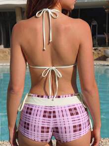 Swim Mod Women's Spring/Summer New Polka Dot Print Bow Decor V-Neck Halter Backless Triangle Tie Bikini Set 3pcs - Multicolor - View 2