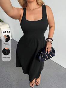 Auralis Summer Black Sleeveless A-Line Dress With Square Neck And Cinched Waist Midi Length With Pockets Sporty Drawstring Back Vacation Casual Formal - Black - View 7