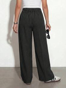 SHEIN PETITE Women's Casual Business Casual Black And White Striped Striped Trousers, High-Quality And Comfortable Texture, New Style For Summer And Autumn 2026 - Black - View 3