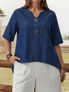 EMERY ROSE EMERY ROSE Plus Size Women's V-Neck Casual Versatile Denim Top, Notch V Neck Wooden Button Mid Sleeve High Low Asymmetric Hem Dark Denim Top, Summer, Country - Blue - View 3
