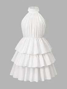 Tween Girl White Halter Neck Cold Shoulder Sleeveless Dress, Elastic Waist Multi-Layer Ruffle Cake Short Dress, Versatile Short Dress For Commute, Date, Party And Gathering - White - View 9