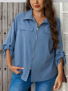 EMERY ROSE Plus Size Women's Solid Color Rolled Cuff Zipper Front Casual Jacket Fall - Blue - View 1
