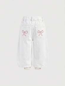 SHEIN 女嬰蝴蝶結刺繡圖案口袋鈕扣休閒百搭日常牛仔褲 - 白色 - 查看 3