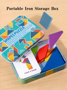 MINKOJA Portable Iron Box Wooden Tangram Puzzle, 59 Double-Sided Cards 118 Patterns, Montessori Educational Toy For Kids 3+, Travel Brain Game Develops Spatial Thinking & Hands-On Ability, Perfect Gift For Boys Girls - Multicolor - View 5